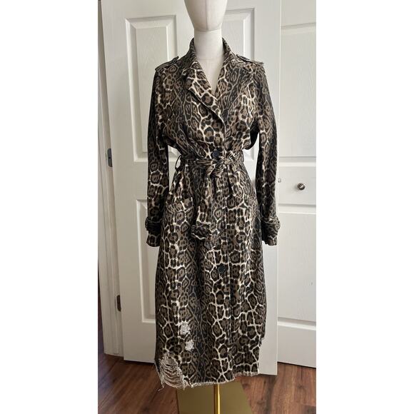 WALKER ROSE Leopard Print Distressed Denim Belted Long Trench Coat - Picture 10 of 13